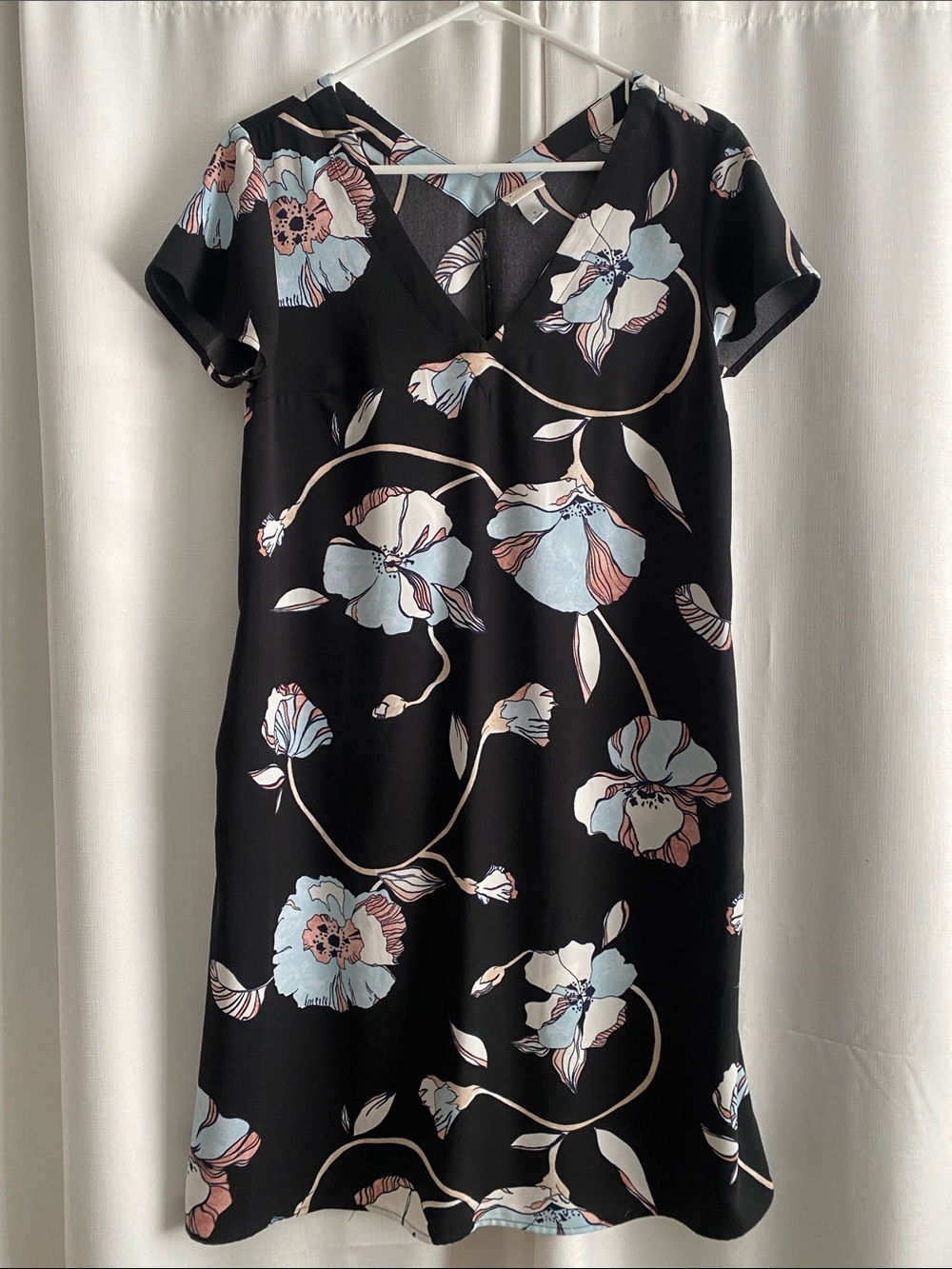 a new day Black Floral V-Neck Midi Dress with Blue and Pinkish Flowers